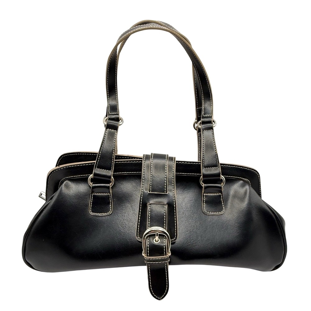 Vintage Y2K Black Vegan Leather Bucket Shoulder Bag Purse Goth Grunge 2 Straps